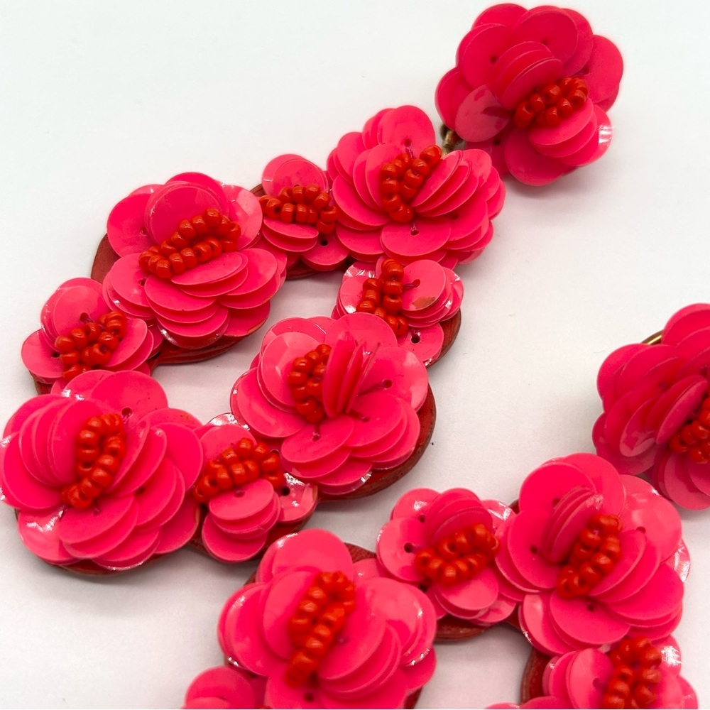 J. Crew Bright Pink Sequin Leather Back Earrings - Picture 3 of 5